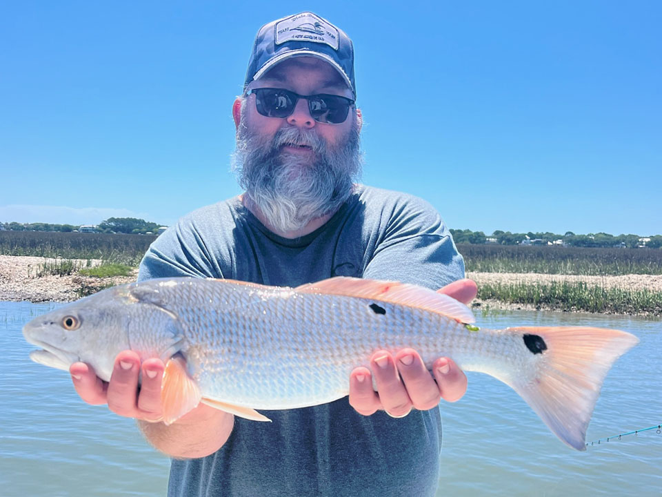 Angler holding Red Drum caught on inshore fishing charter Charleston SC